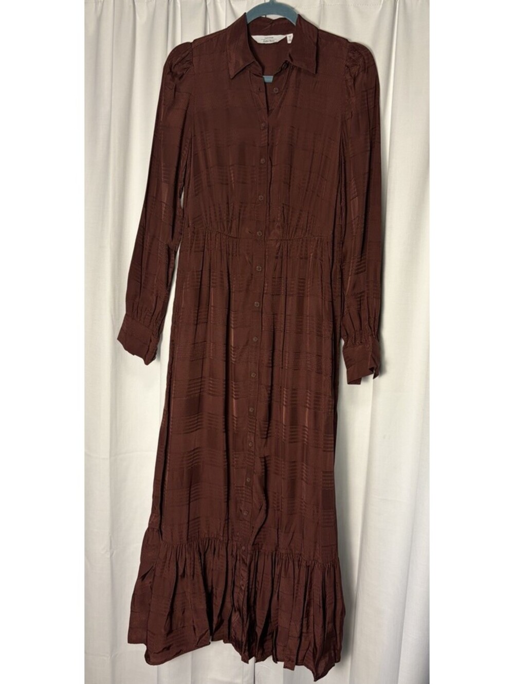 & Other Stories Chocolate Brown Satin Texture Stripe Collared Midi Dress Size 0